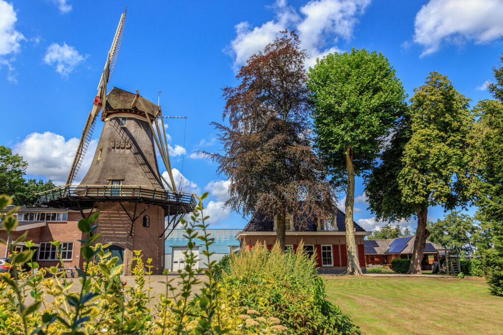 Molen op een zonnige dag, ernaast staat een huis met een tuin