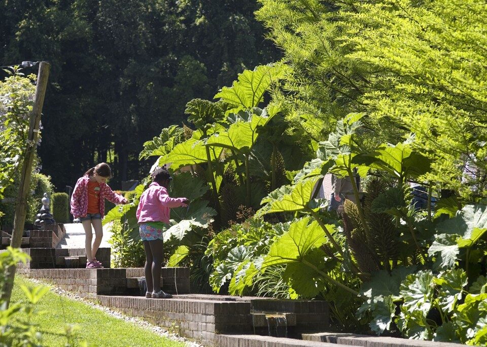 Kinderen kijken naar planten in Tuin de Lage Oorsprong in Oosterbeek