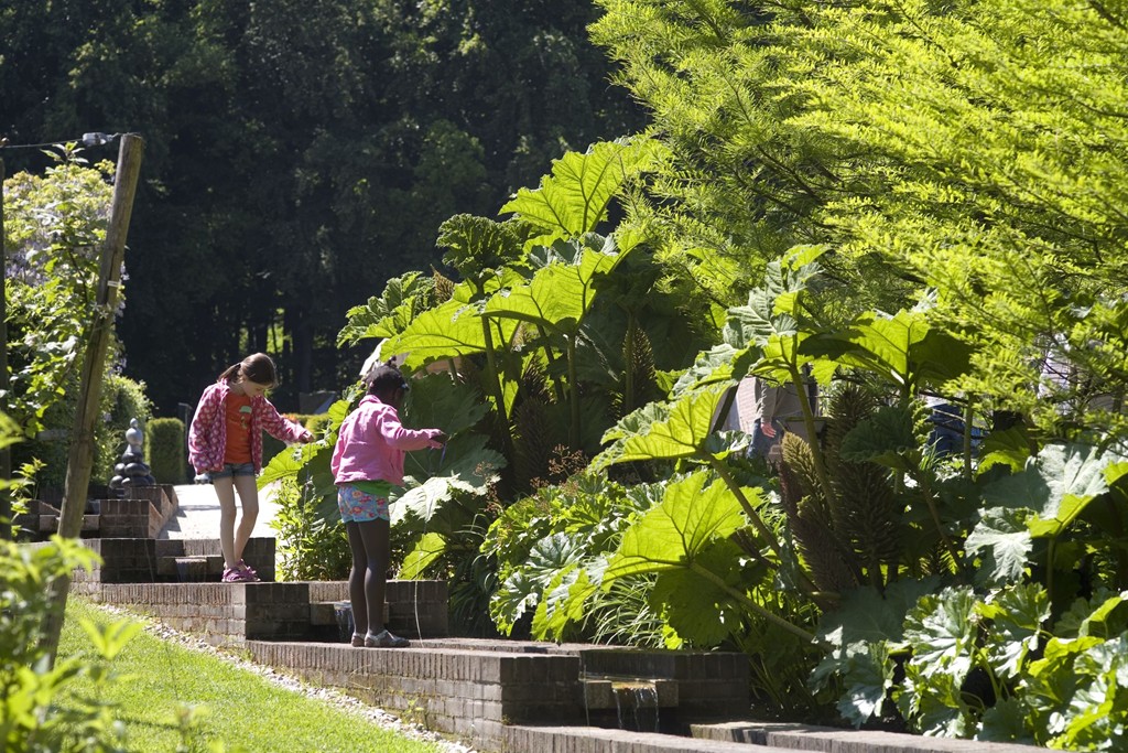 Kinderen kijken naar planten in Tuin de Lage Oorsprong in Oosterbeek