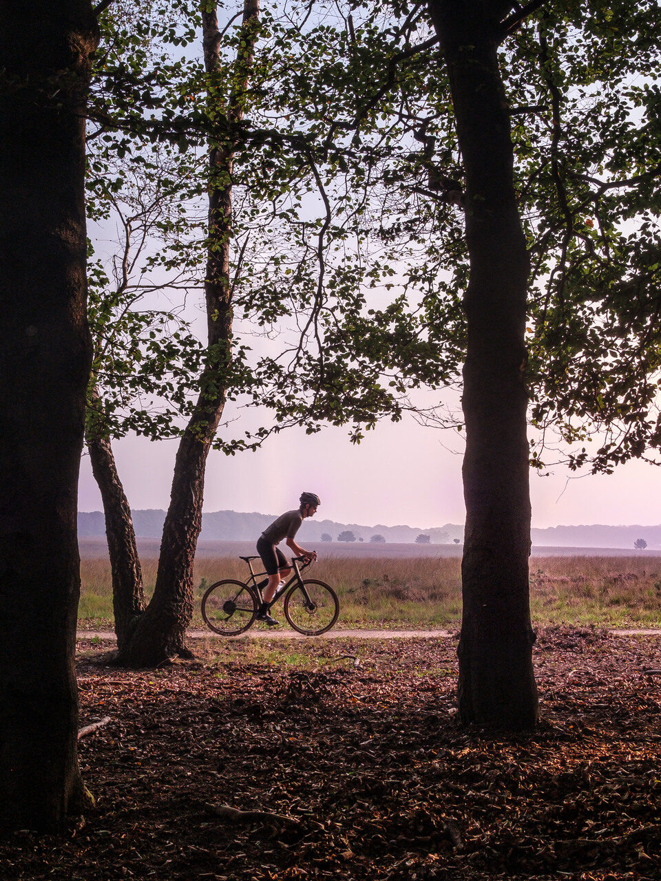 Mountainbiker fiets langs bomen