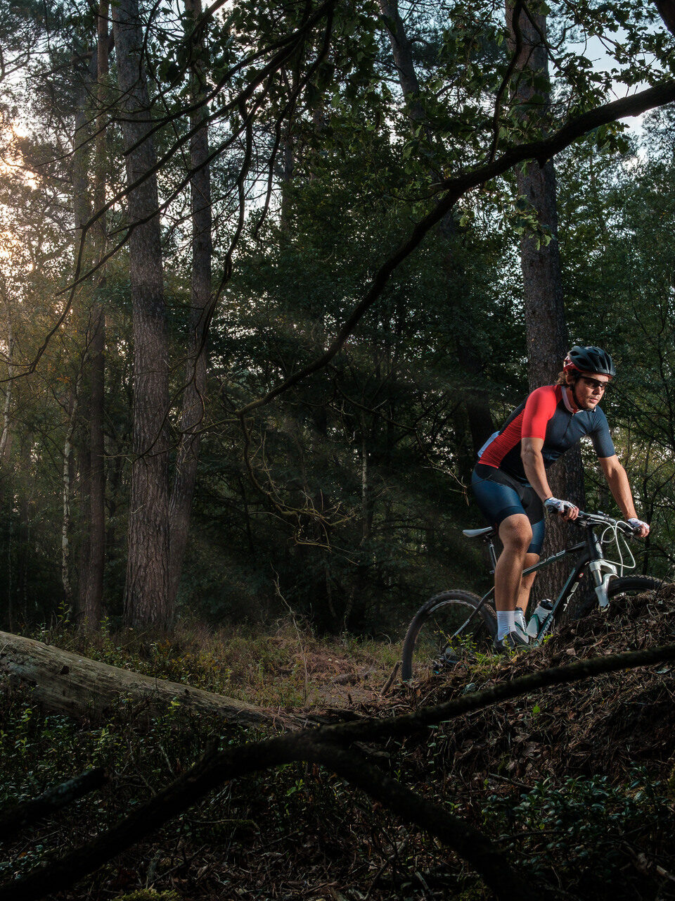 Mountainbiker in het bos met zonlicht