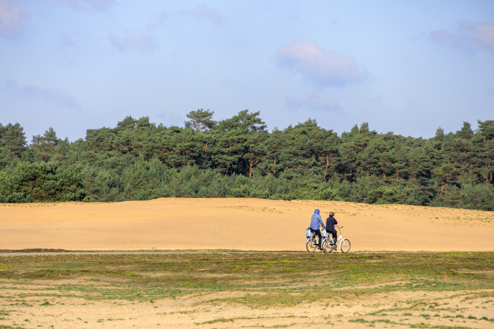 Twee mensen fietsen op witte fietsen door het gele zandlandschap van het Nationale Park De Hoge Veluwe
