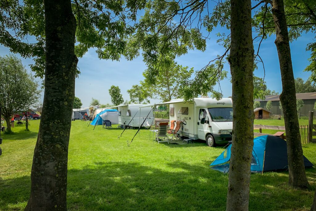 Een afbeelding van een kampeerplek op een camping met een tent, een kampvuur en mensen die genieten van de natuur