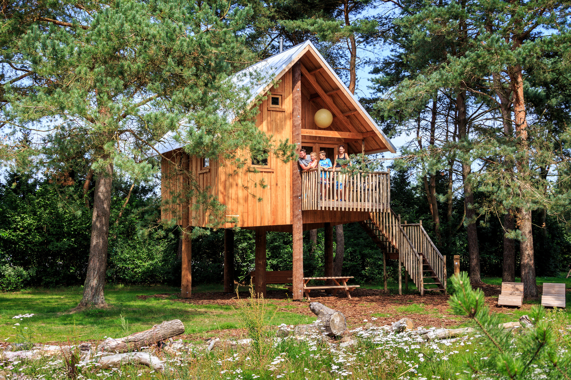 Familie in einem Baumhaus auf einem Campingplatz