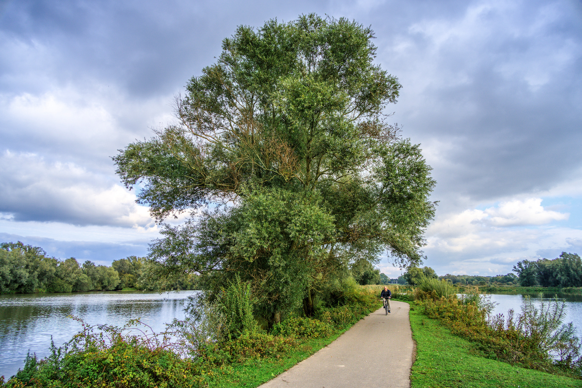 Man fiets langs op een verharde weg omringt door water.