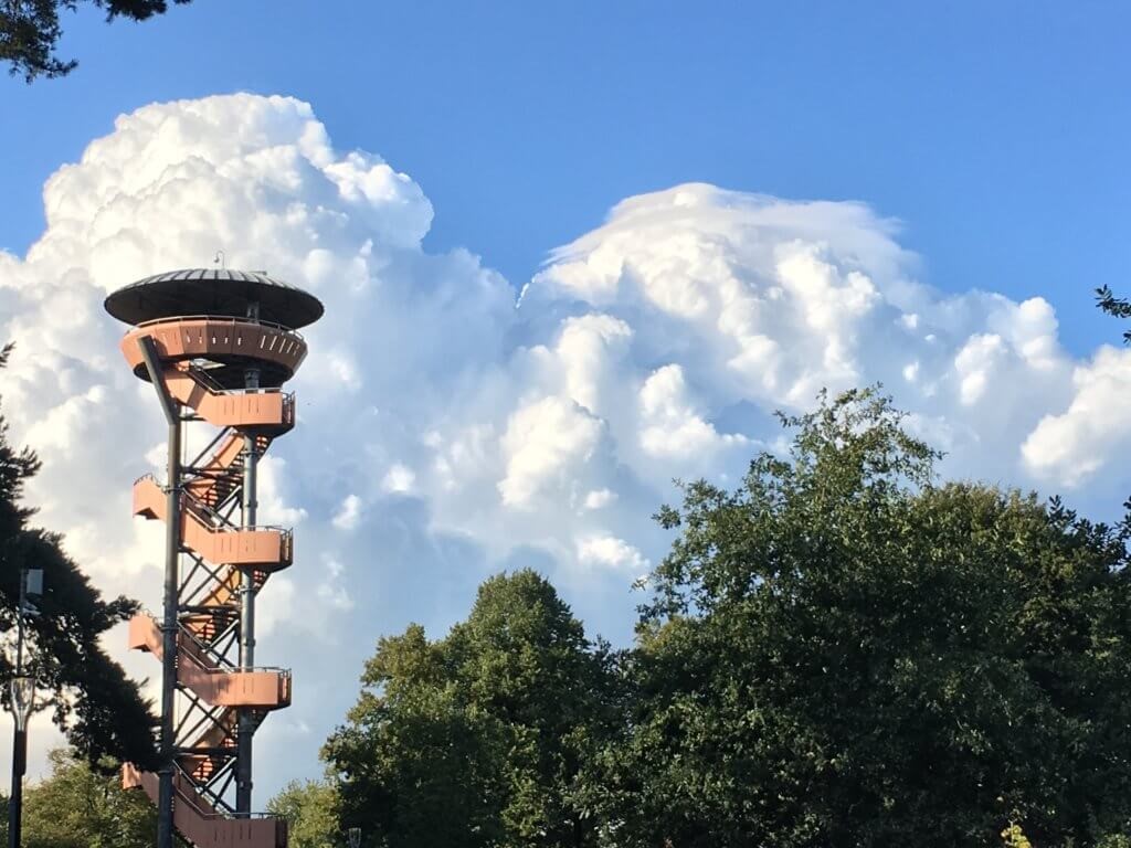 Uitkijktoren Nunspeet met wolken en bomen op de achtergrond