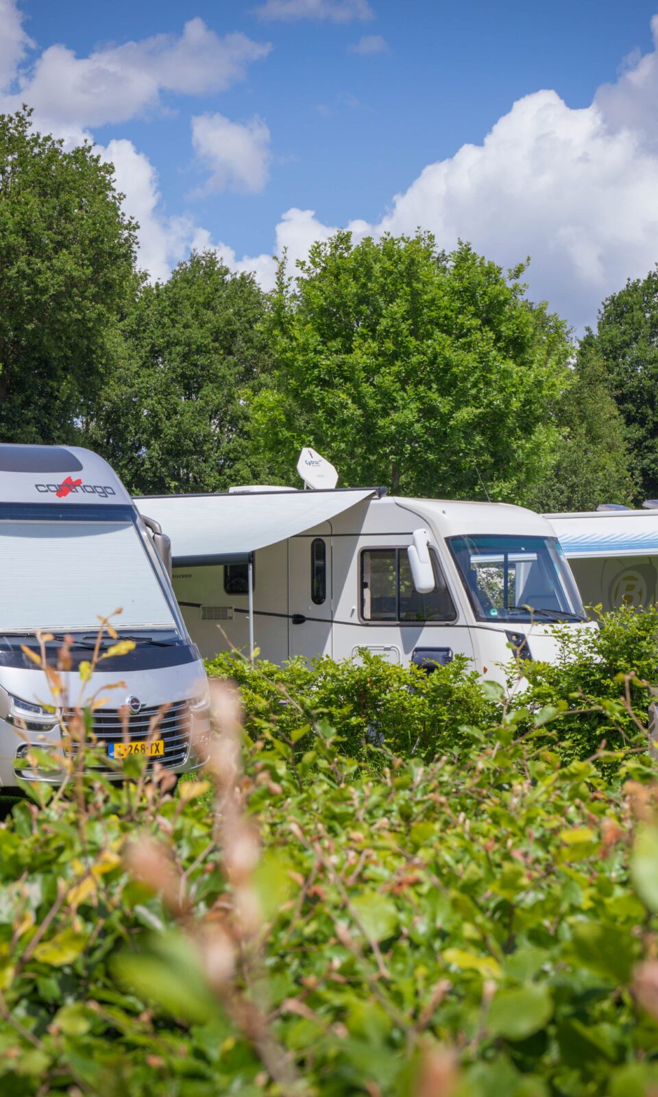 Drie campers geparkeerd in een veld.