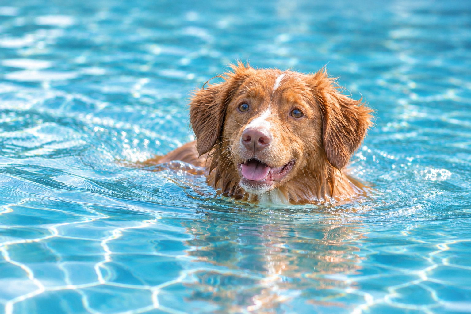 Zwemmende hond in lichtblauw water - AI gegenereerd