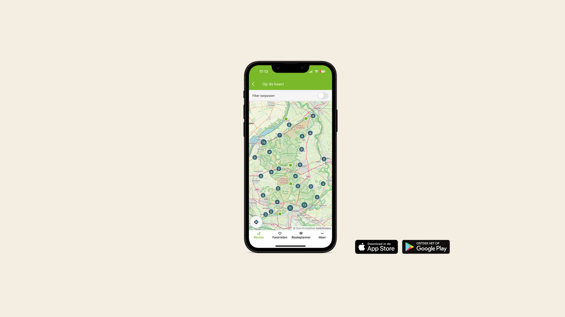 Telefoon met daarop de Op pad Veluwe app