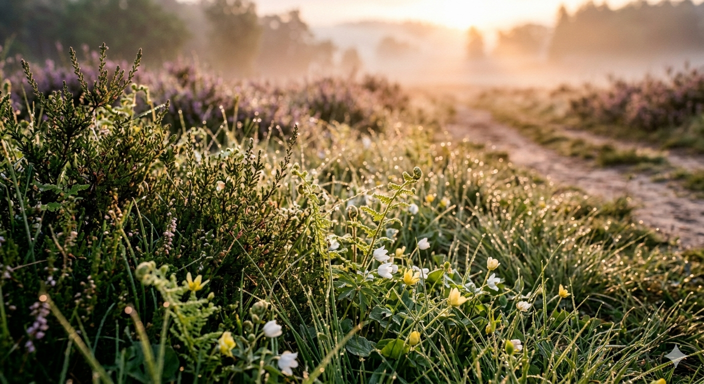 Door AI gegenereerde afbeelding van de natuur met dauw. 